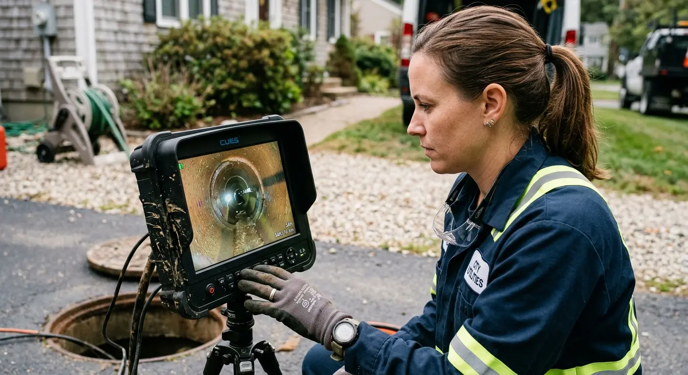 Technician reviewing sewer camera inspection footage in Ridgefield Park village