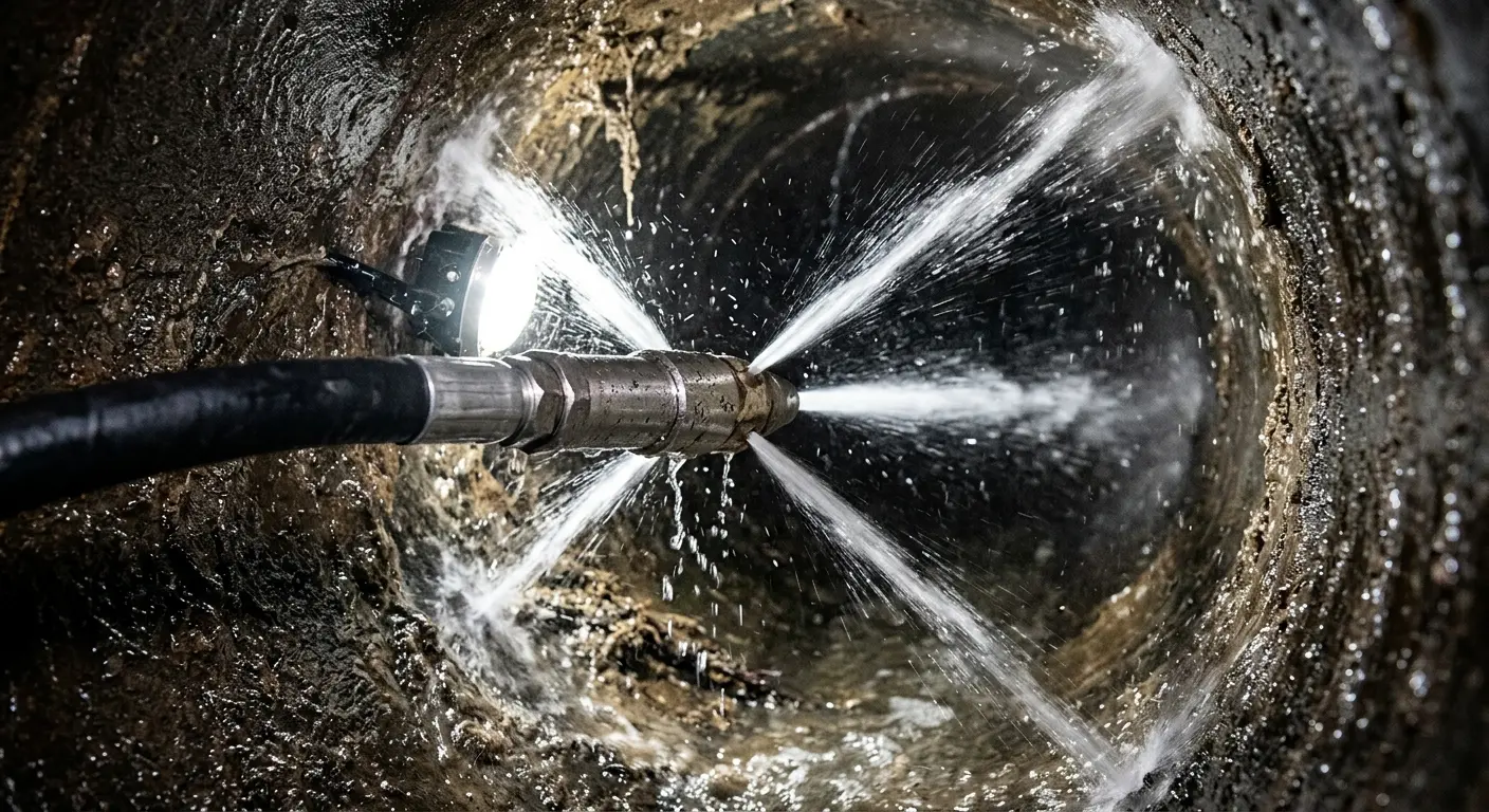 High-pressure hydro jetting nozzle cleaning sewer pipe for Sewer Cleanout in Ridgefield Park village
