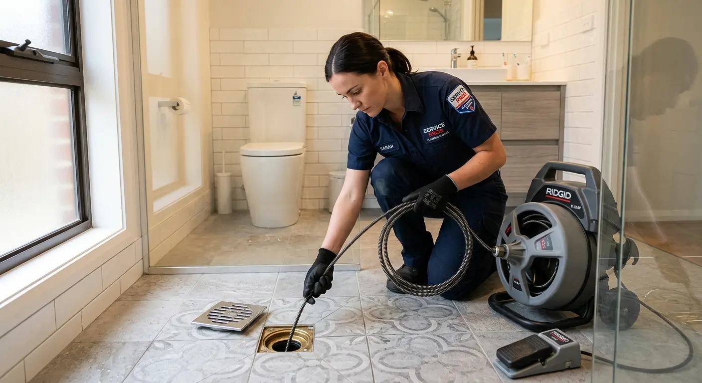Technician clearing a bathroom floor drain for Clogged Drain Repair in Ridgefield Park village